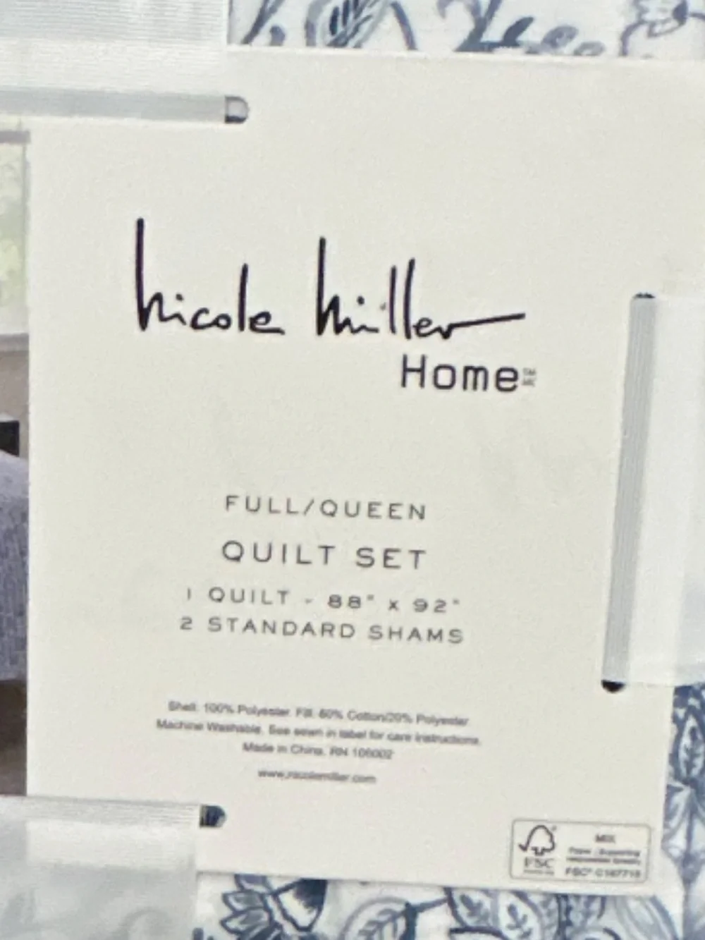 Nicole Miller Cotton Blue and White Full/Queen Quilt Set 88”x92”